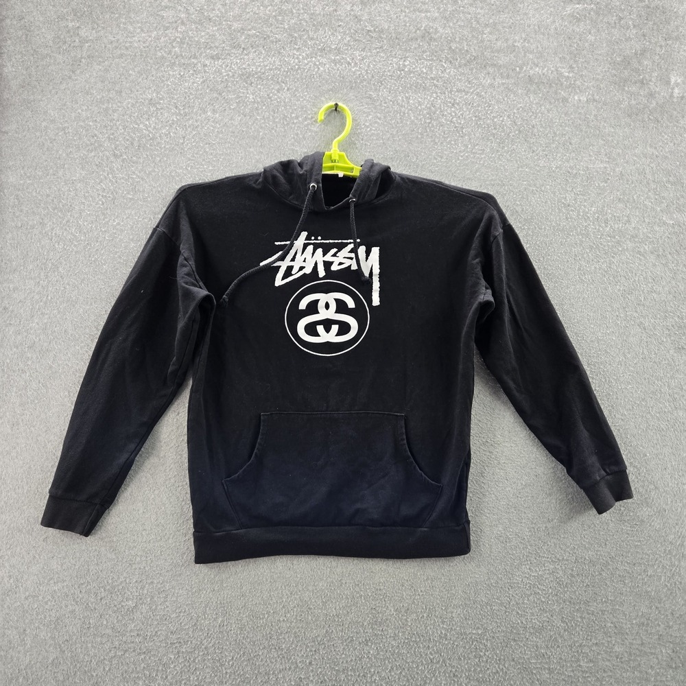 VINTAGE Stussy Women Hoodie S Black Graphic Streetwear Skater Surf Logo 90s USA